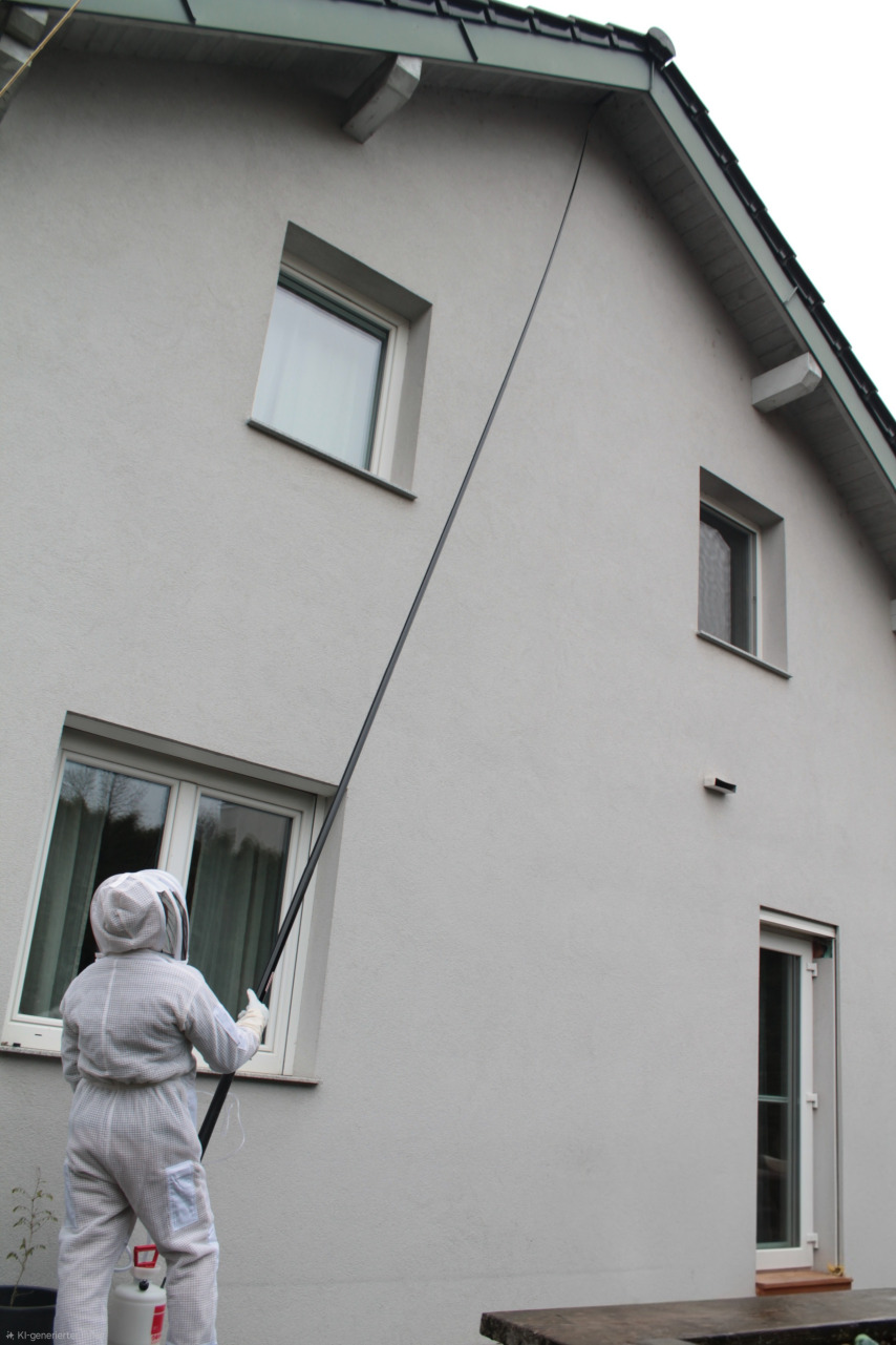 Hier auf dem Bild sehen sie die Bekäpfung eines Nestes in der Anschlussfuge vom Dachstuhl zur Fassade mittels Stäubepulver.  .